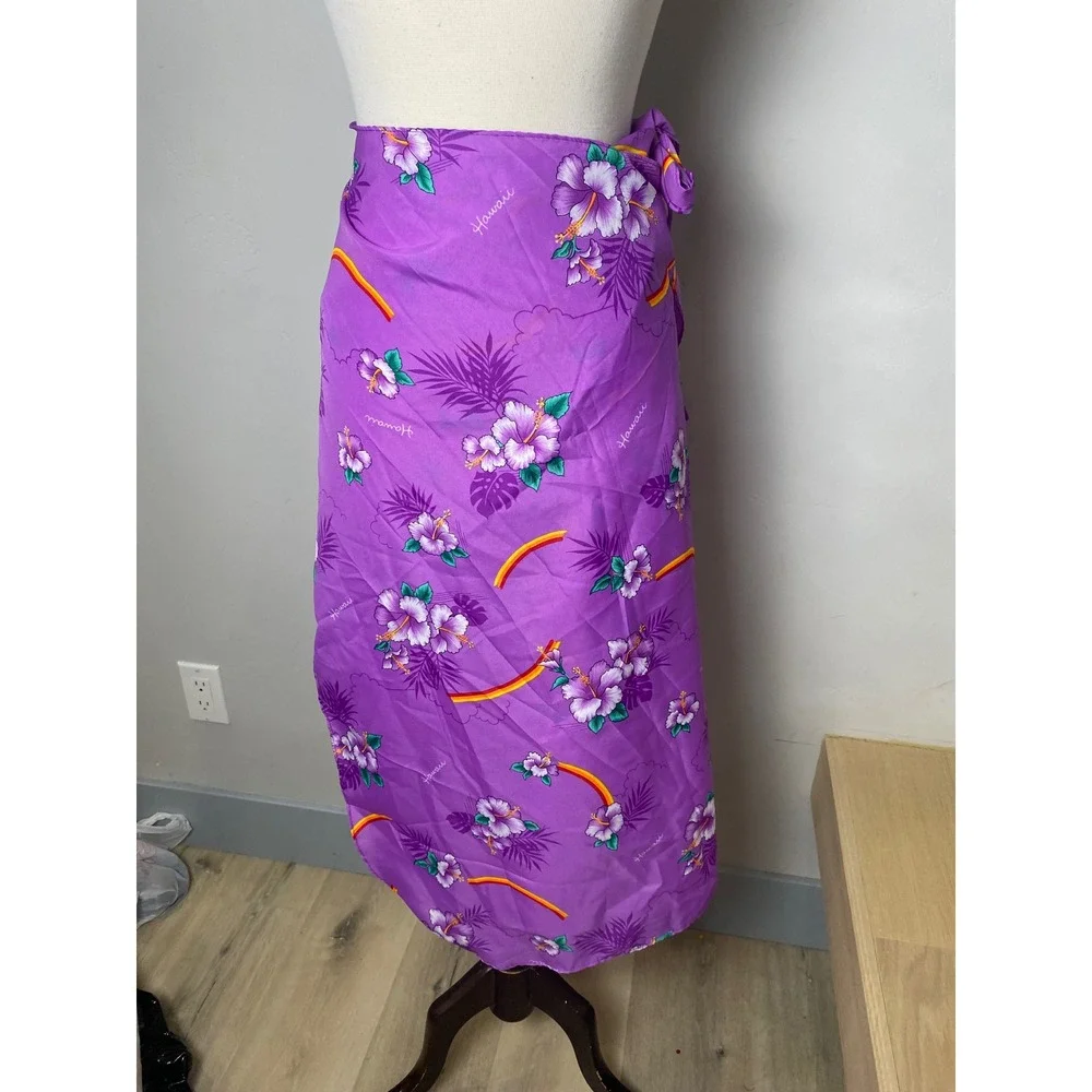 Vintage Hawaii Wrap Skirt Purple Hibiscus Rainbow Tropical Sarong Beach Coverup